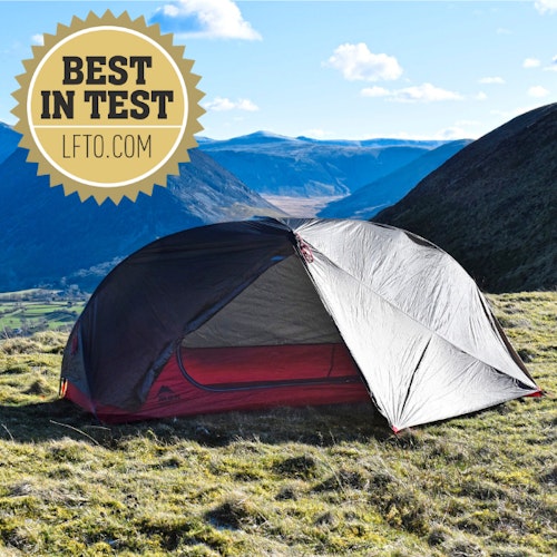 MSR Freelite 1 pitched in the hills with award logo overlay