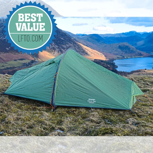 Vango Nevis 100 pitched in the hills with award overlay