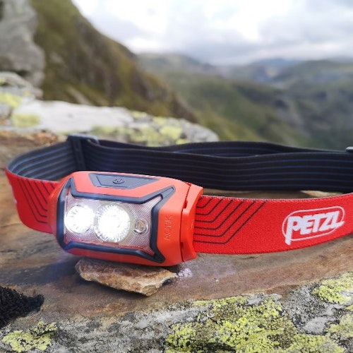 Red Petzl Actik on a rock