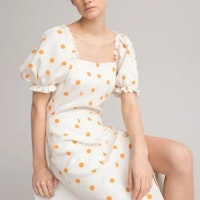 Linen Mix Midi Dress in Polka Dot Print with Puff Sleeves