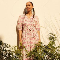 Artisan studio floral woodblock dress ivory