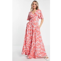 QED London button through maxi dress in coral floral print