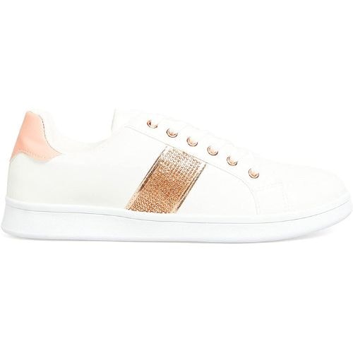 White & Rose Gold Diamante Stripe Trainers in Wide E Fit