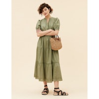 PER UNA Pure Cotton Broderie Tie Neck Midaxi Dress