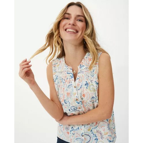 Sleeveless Shell Paisley Ruffle Neck Top
