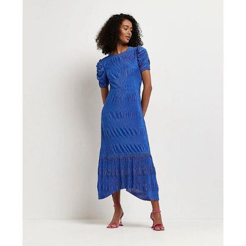 Blue Plisse Shift Midi Dress