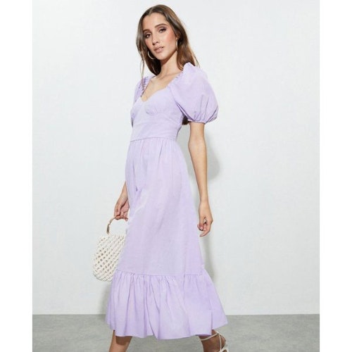Corset Poplin Puff Sleeve Shirred Midaxi Dress