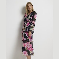 Black Floral Frill Midi Dress