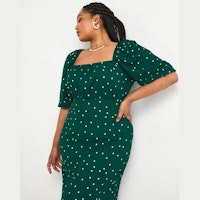 Laura Adlington Green Spot Long Sleeve Milkmaid Textured Jersey Midi Dress