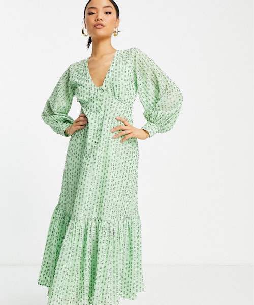 ASOS DESIGN Petite button through metallic maxi tea dress in green