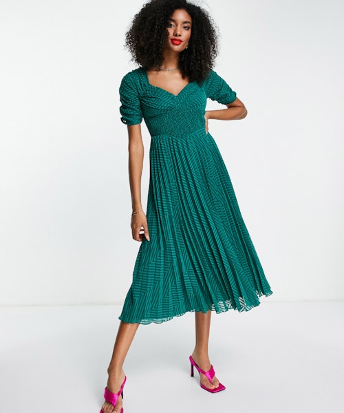 ASOS DESIGN ruched front pleated midi dress with shirred waist in chevron dobby in forest green