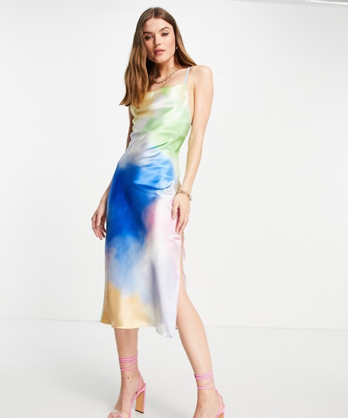 ASOS DESIGN watercolour satin cowl neck midi dress