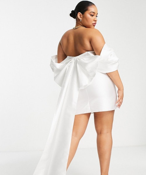 ASOS LUXE Curve Wedding Satin Oversized Bow Back Mini Dress in white
