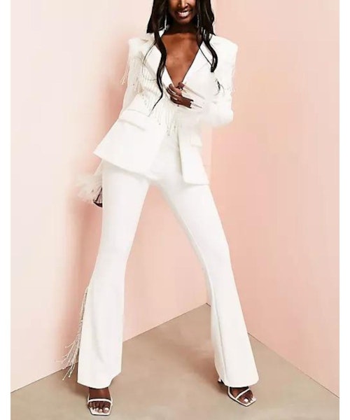ASOS LUXE Wedding Fitted Blazer With Diamante Fringing In White
