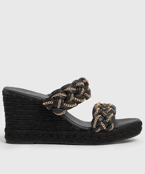 New Look Black Plaited Chain Trim Wedge Heel Mules