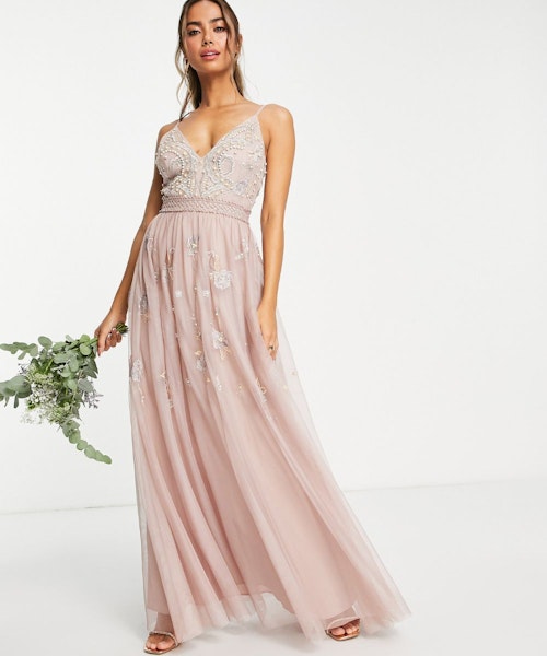 ASOS DESIGN Bridesmaid Pearl Embellished Cami Maxi Dress With Floral Embroidery