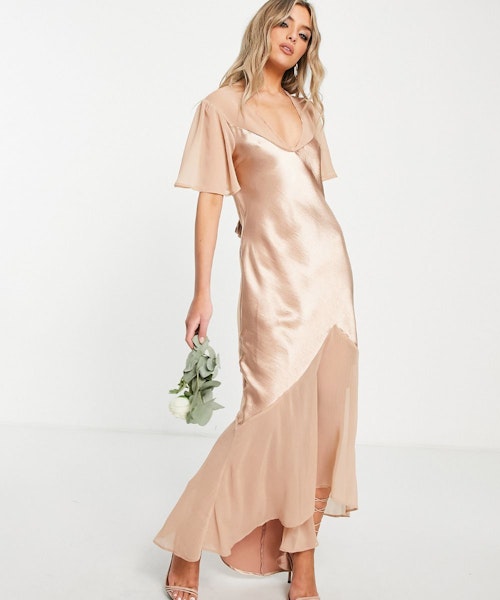Topshop Bridesmaid Mixed Fabric Angel Sleeve Dress in Blush