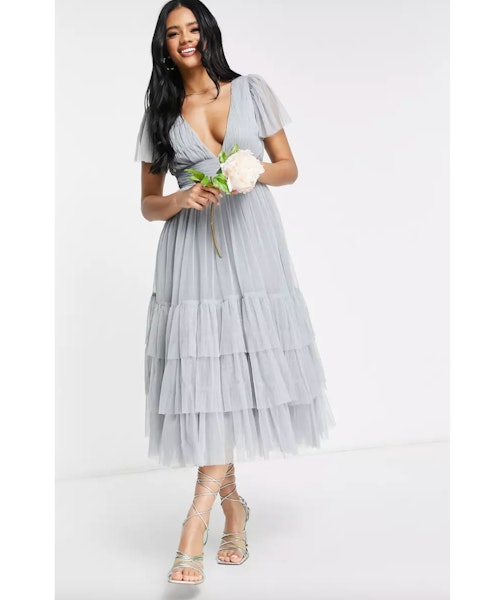 Lace & Beads Bridesmaid Madison v Neck Tulle Dress in Dusty Blue