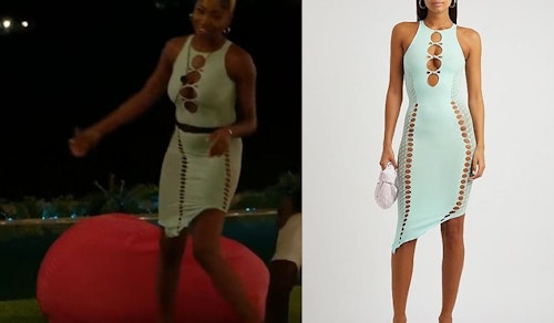 Love Island's Indiyah wearing blue dress