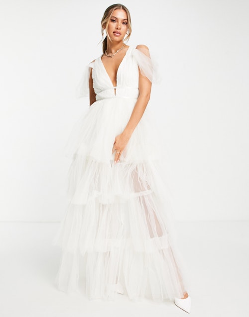 Lace & Beads Bridal Plunge Tulle Maxi Dress