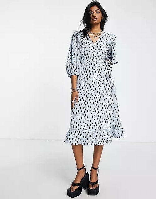 Only Puff Sleeve Wrap Midi Dress in Blue Spot