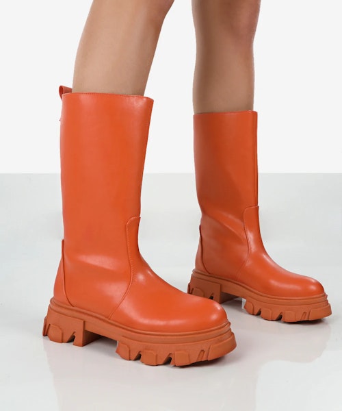 Public Desire Jolie Orange Pu Knee High Chunky Sole Long Boots