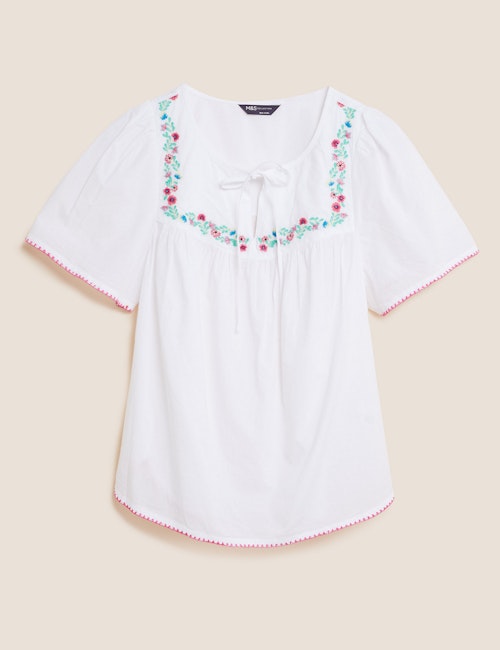 Holly Willoughby marks and Spencer summer edit Pure Cotton Embroidered Regular Fit Top 29.50