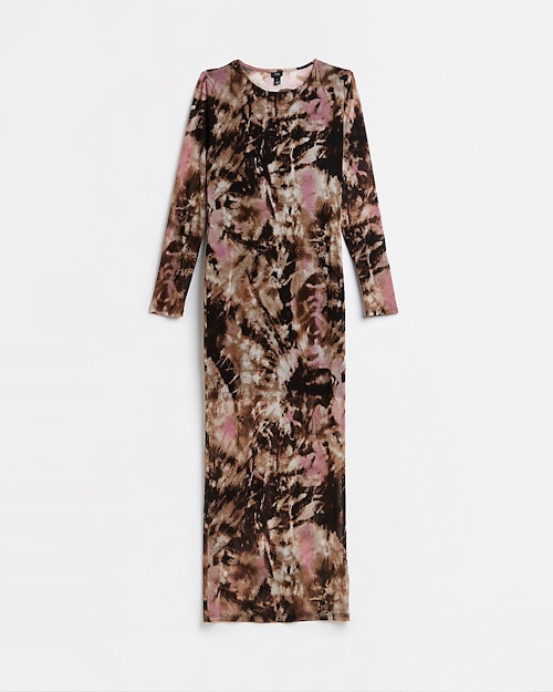 summer sales River Island, Brown Tie-Dye Bodycon Midi Dress, WAS £42 NOW £17