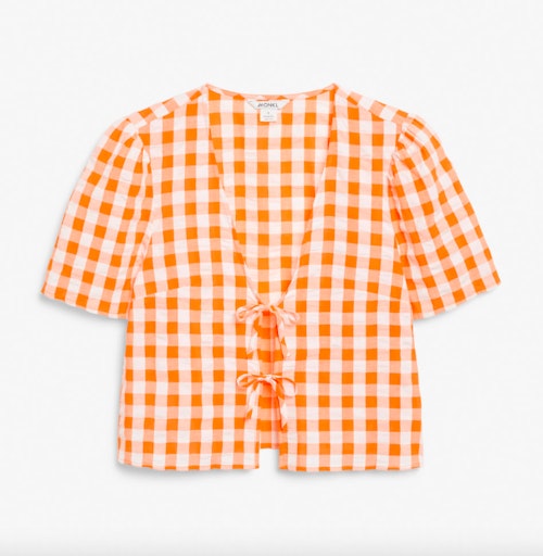 Monki, Orange Check Cropped Seersucker Tie-Front Top, £25