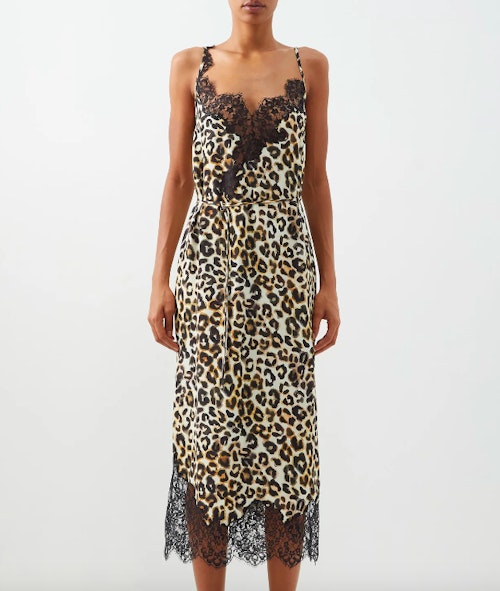 Raey, Watercolour Leopard Lace-Trimmed Silk Slip Dress, £695