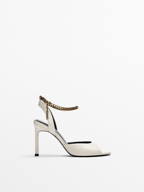 Leather High-Heel Sandals With Chain Ankle Strap