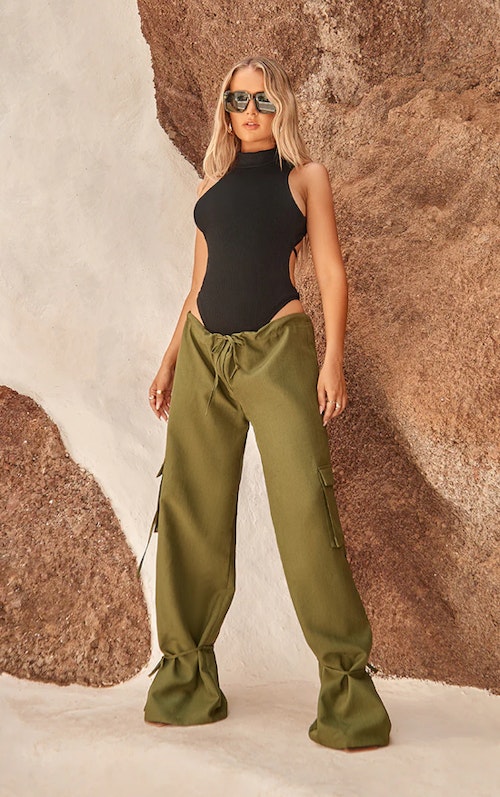 Khaki Low Rise Pocket Detail Tie Hem Straight Leg Cargo Trousers