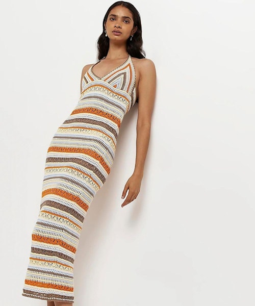 Orange Striped Crochet Midi Dress