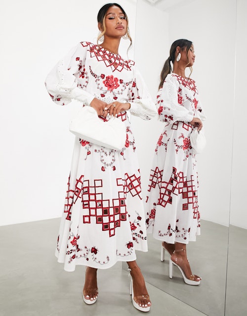 ASOS EDITION embroidered midi dress with cutwork and lace trim in red