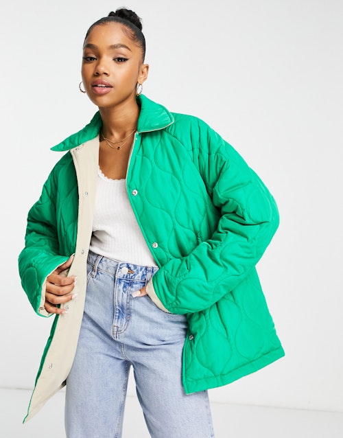 ASOS DESIGN reversible quilt lined jacket in stone and green