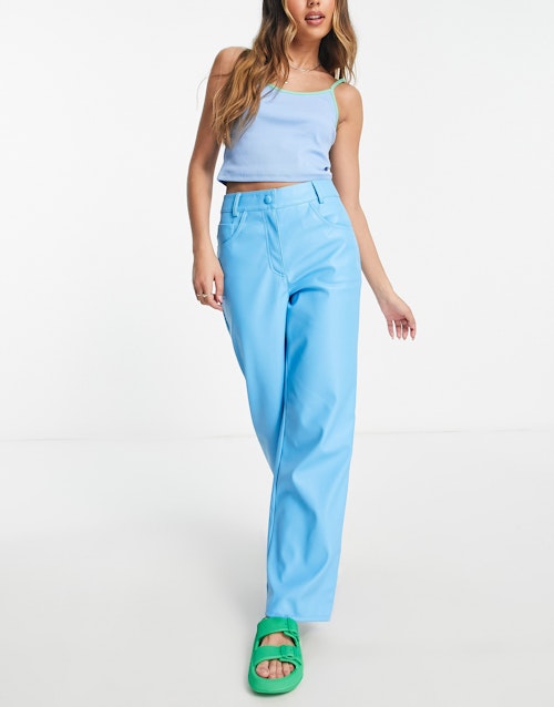 Miss Selfridge faux leather dad trouser in blue