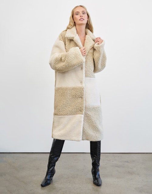 4th & Reckless patchwork teddy coat in cream