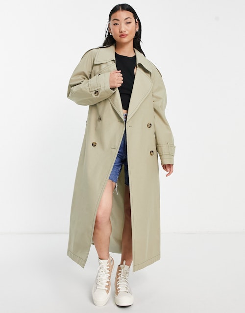 ASOS DESIGN trench coat with contrast stitch in sage