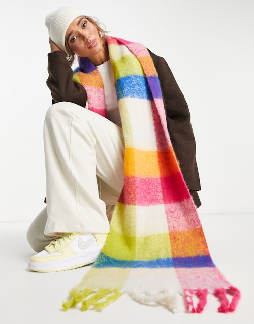 ASOS DESIGN fluffy tassel scarf in bright check