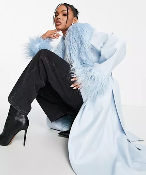 ASOS DESIGN faux leather belted coat with borg trim in blue
