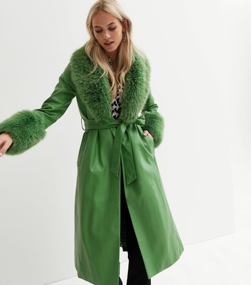 New Look green leather-look faux fur trim belted coat