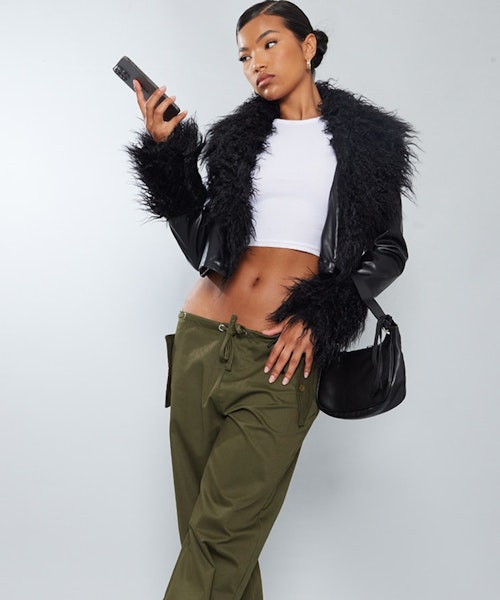 PrettyLittleThing Black Faux Mongolian Fur Trim Faux Leather Jacket