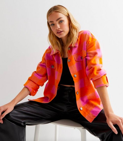 ONLY Bright Orange and Pink Check Shacket