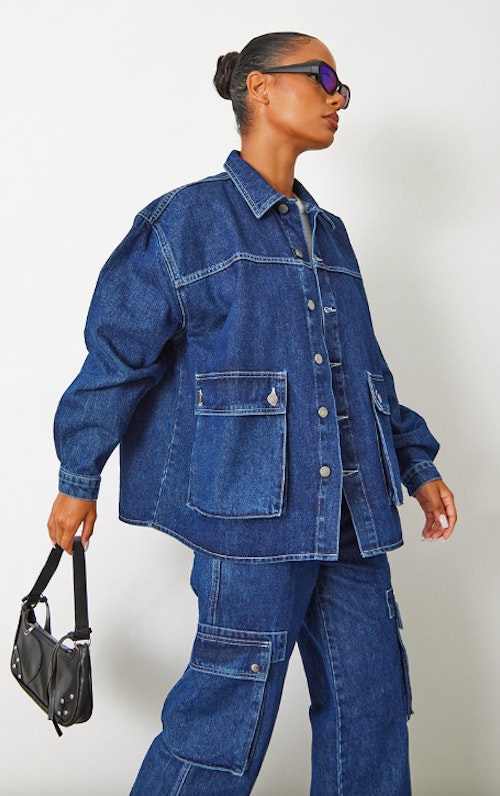 Dark Blue Wash Oversized Pocket Detail Denim Shacket