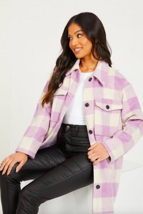 Petite Lilac Checked Oversized Shacket