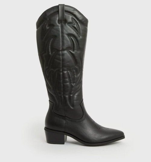 Black High Leg Block Heel Cowboy Boots