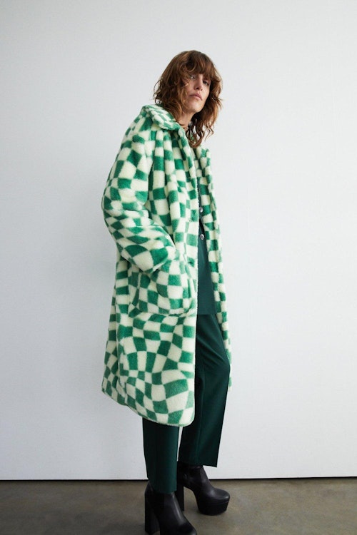 Green Check Button Through Faux Fur Coat