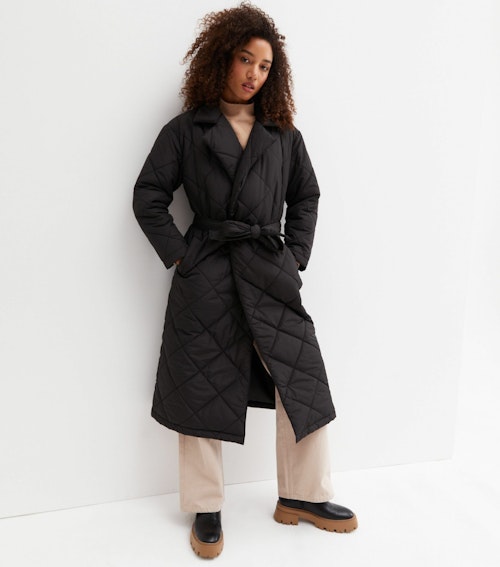 Black Quilted Revere Collar Belted Long Puffer Jacket