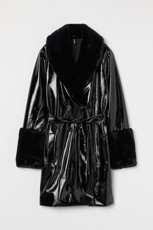 Faux Fur Trimmed Patent Coat
