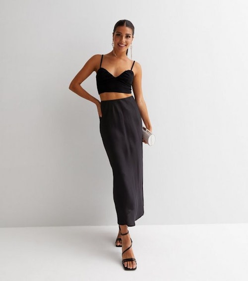 Black Satin Bias Cut Midi Skirt